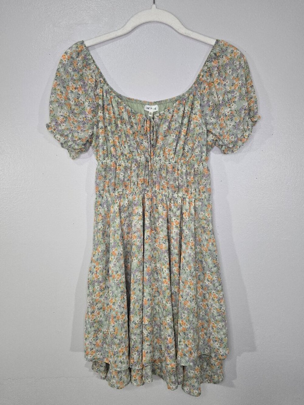 Self E Sage Green Ditsy Floral Smocked Puff Sleeve Mini Dress- Size Small